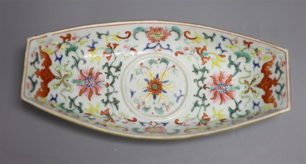 A Chinese famille rose cup stand, length 19.5cm and a claire de lune censer